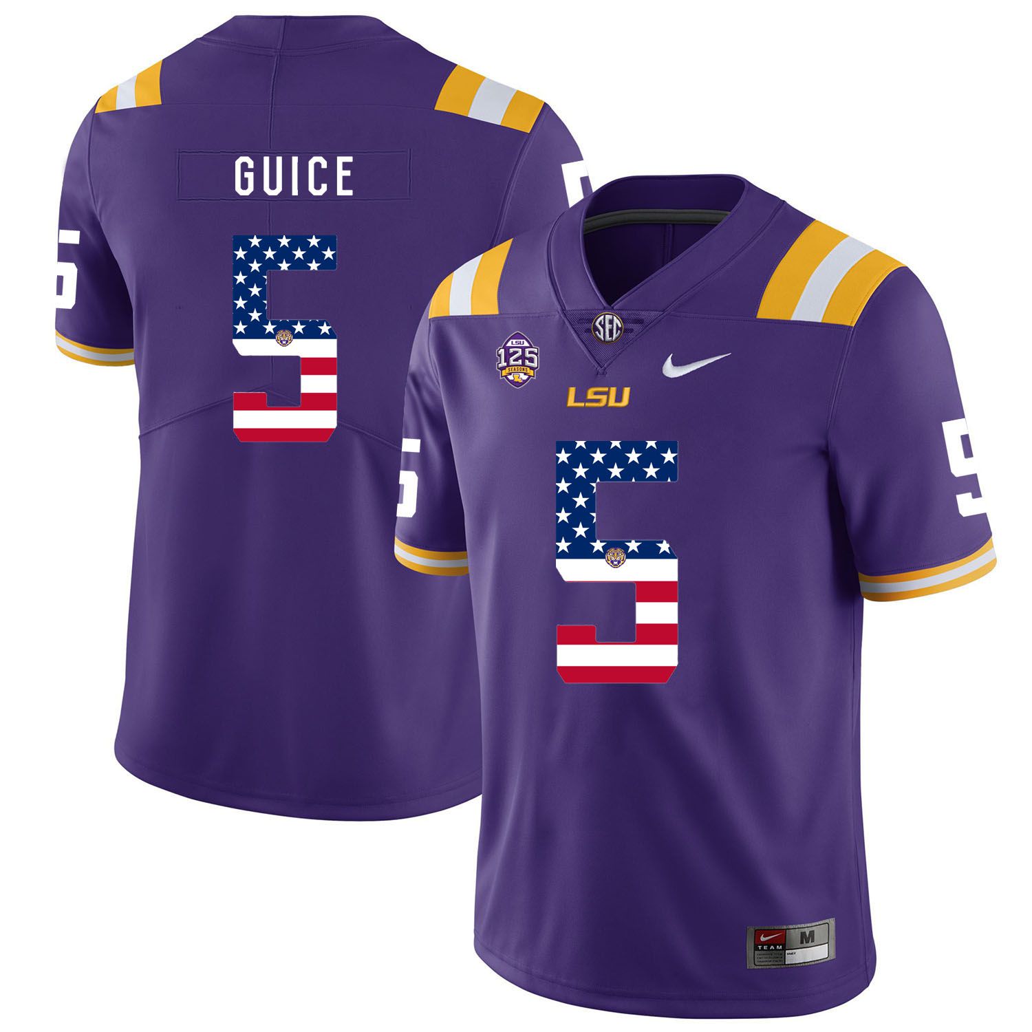 Men LSU Tigers #5 Guice Purple Flag Customized NCAA Jerseys